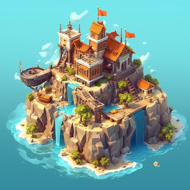 Low poly castle sea island ocean isometric game scene ortographic sculpt 3d high design elements