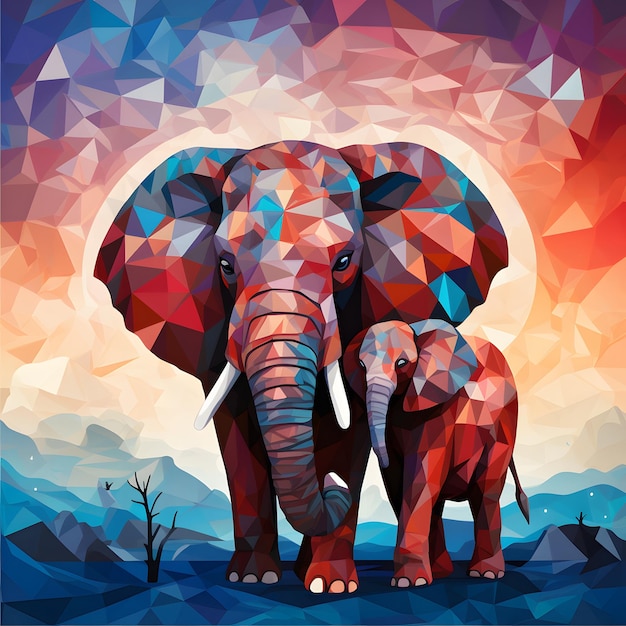 a low poly elephant and baby elephant