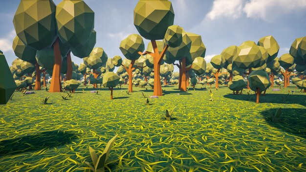 Low poly forest landscape background without human and animals\
3d render