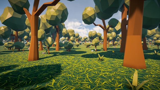 Low poly forest landscape background without human and animals 3d render