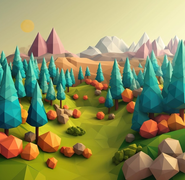 Low poly forest and mountain low poly river Ai generated low poly illustration on white background