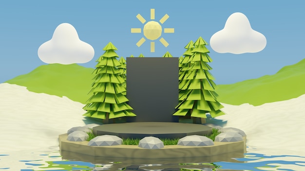 Photo low poly forest on the water with sun and cloud in the sky summer background 3d render