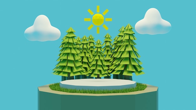 Low poly forest with sun and cloud in the sky summer background 3d render