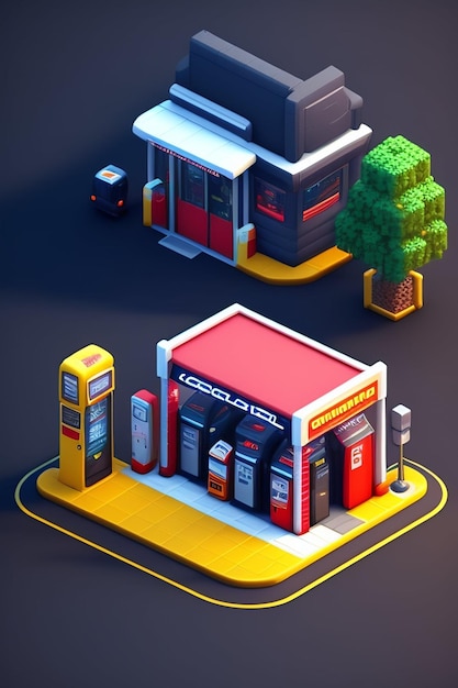 A low poly gas station with a red sign that says " sticker ".