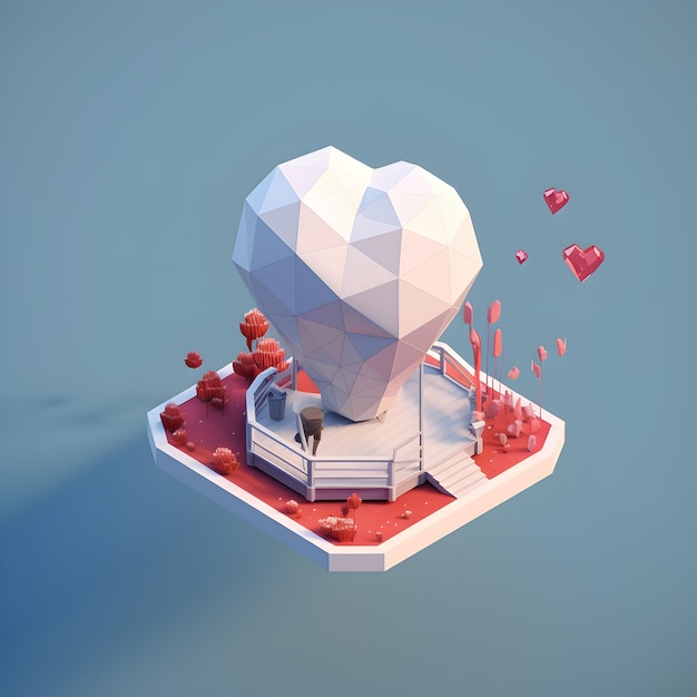 A low poly heart shaped object with a red heart on it.