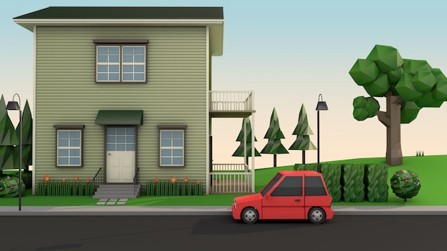 low poly house and red car on the road cartoon style