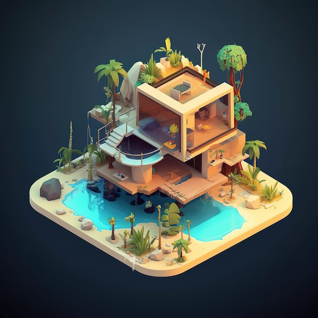 A low poly house with a pool in the middle