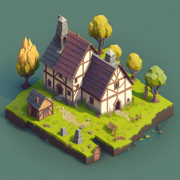 A low poly house with a small house on it