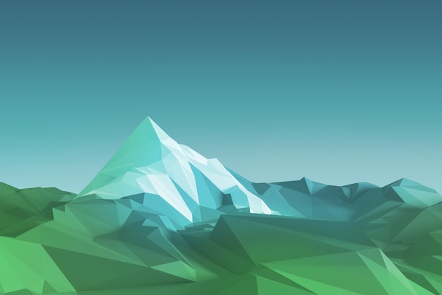 상단에 흰 빙하가있는 산의 저 폴리 이미지. 3D 그림