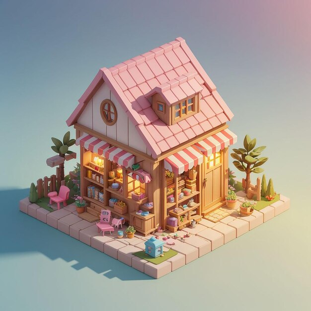 low poly isometric 3d render of cute little house