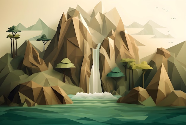 A low poly landscape illustration of a mountain with a waterfall