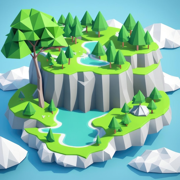 A low poly landscape with a lake and trees.