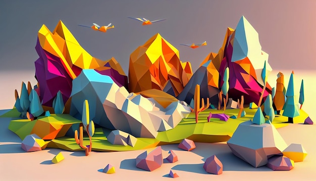 A low poly landscape with mountains and planes flying in the sky.