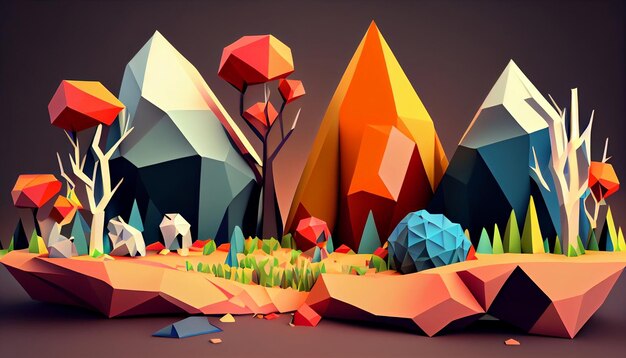 Photo a low poly landscape with mountains and trees.