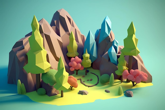 A low poly landscape with trees and mountains in the background.