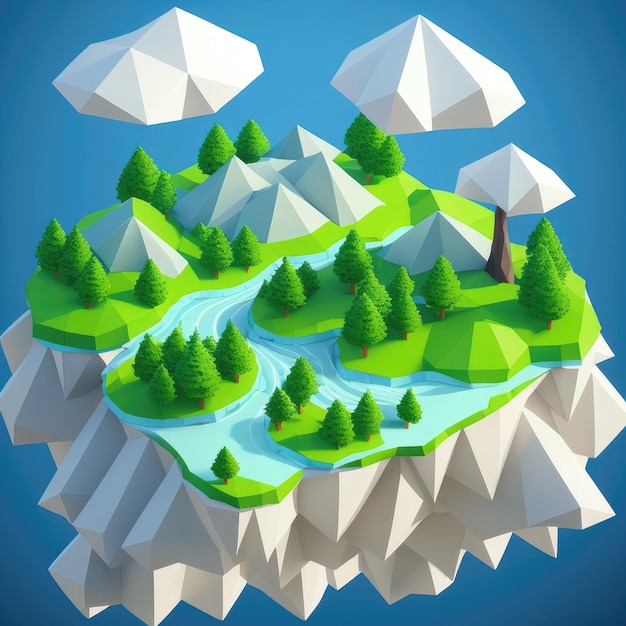 A low poly landscape with trees and mountains in the background.