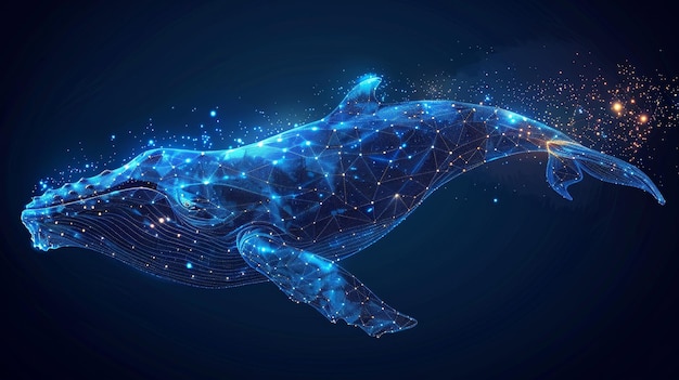 Low poly modern illustration of a starry sky or Comos Blue whale composed of lines dots and shapes Wireframe light connection structure