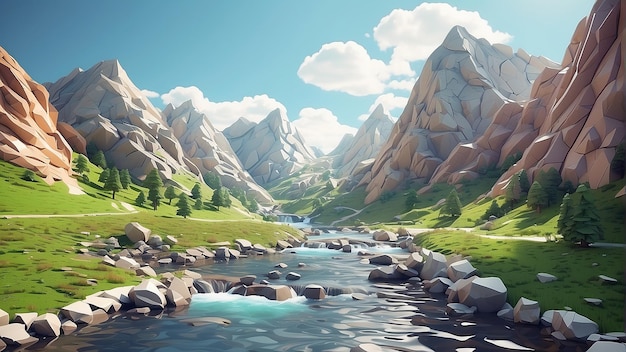 A low poly mountain landscape with a river running through it