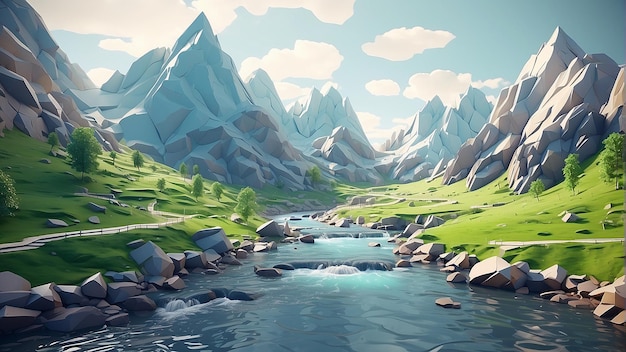 A low poly mountain landscape with a river running through it