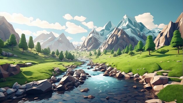 A low poly mountain landscape with a river running through it