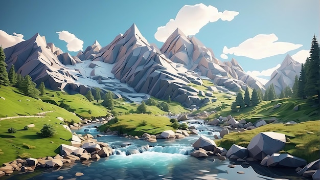 A low poly mountain landscape with a river running through it