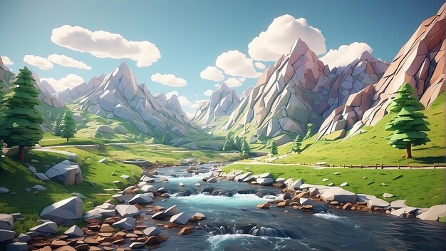 A low poly mountain landscape with a river running through it