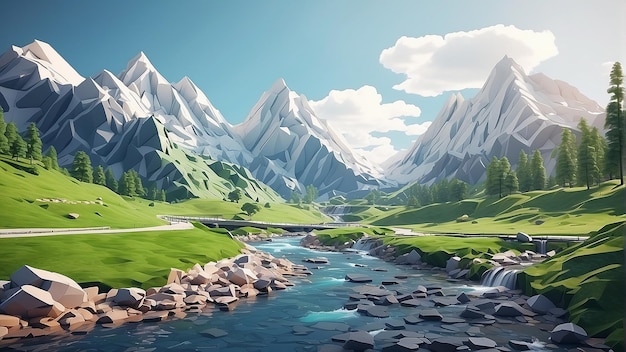 A low poly mountain landscape with a river running through it