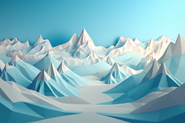 A low poly mountain range with snow and ice.