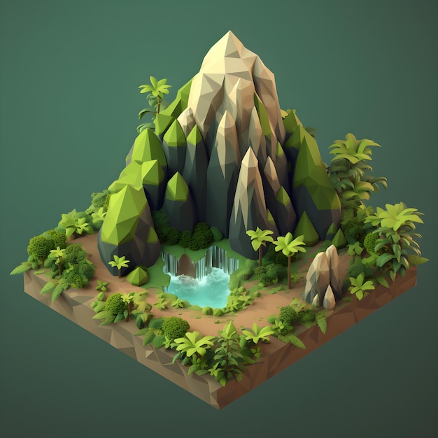 A low poly mountain with a small lake in the middle.