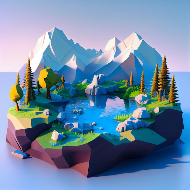 Низкополигональная визуализация пейзажа с горами и озером, генерирующий искусственный интеллект