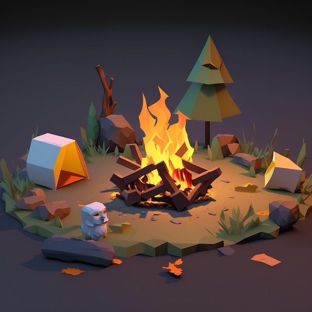 A low poly scene with a campfire and a bear.