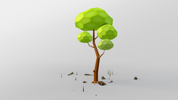 Low poly scene with tree stones and grass