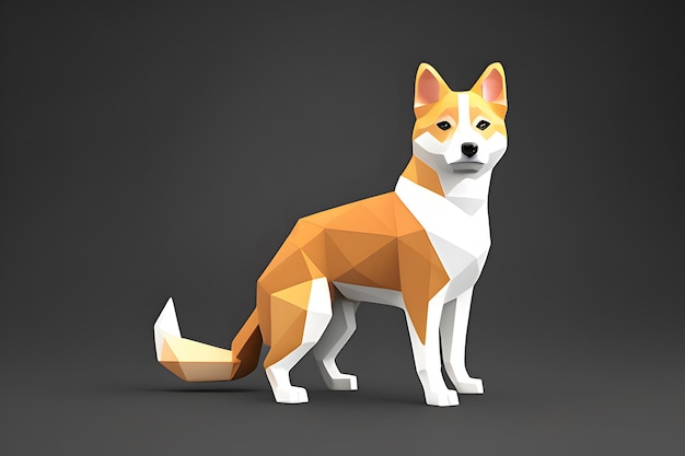 검은 배경 Aigenerative 디지털 아트에 서 있는 낮은 폴리 Shiba inu 개