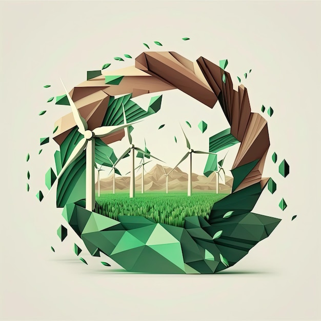 Low poly square landscape with wind turbines field