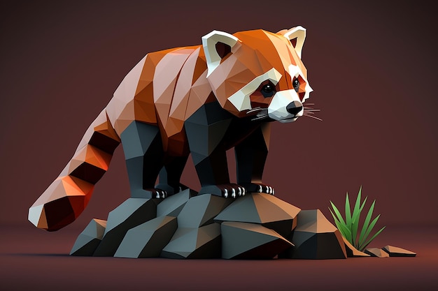 A low poly style animal with a red panda on top of a rock.