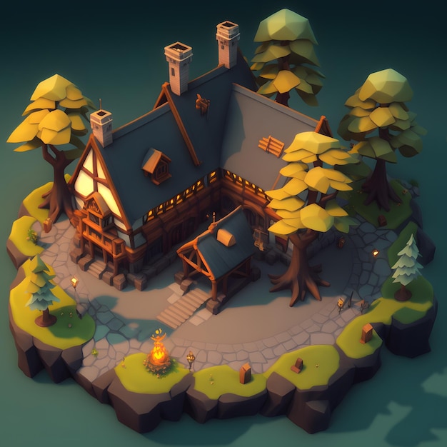 A low poly style house with a small tree on the roof