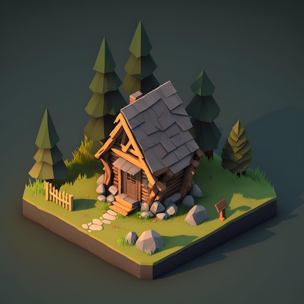 A low poly style house with a stone path in the middle.