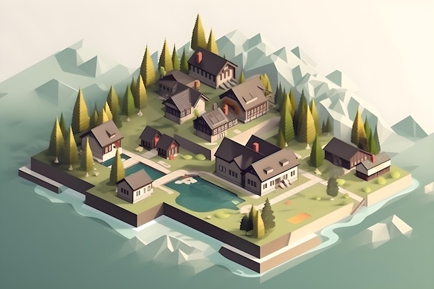 A low poly style illustration of a small Switzerland Canton with a lake trees and mountain