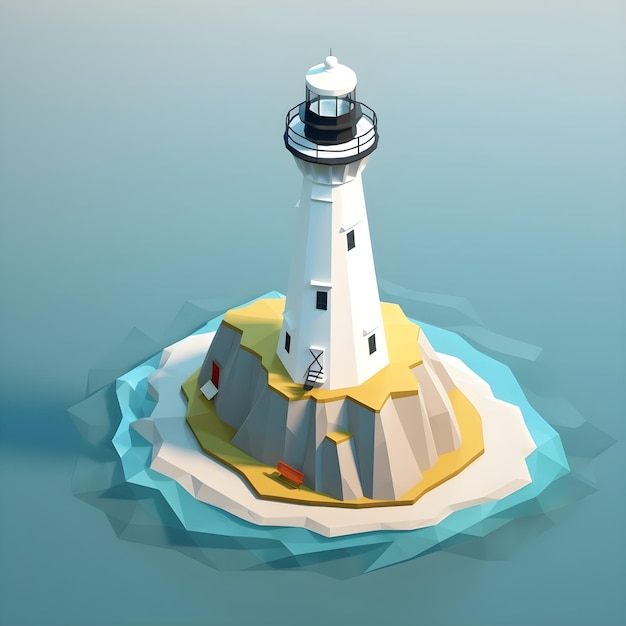 真ん中に小さな島があるローポリ スタイルの灯台。