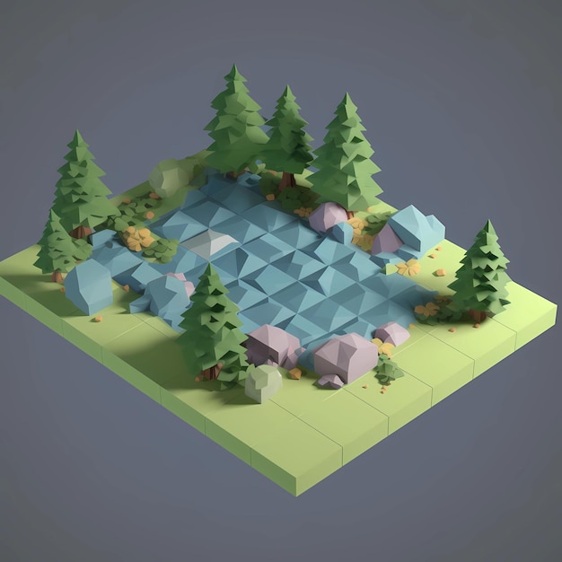 Low poly tile nature water trees rocks