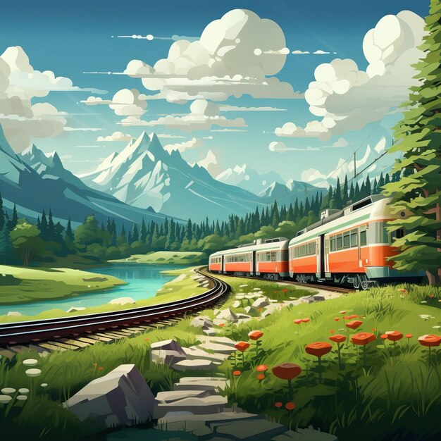 A low poly train traveling through a scenic countryside