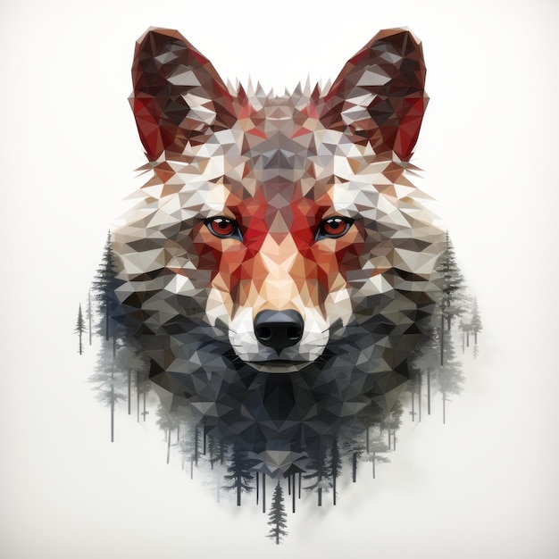 low poly wolf head on white background