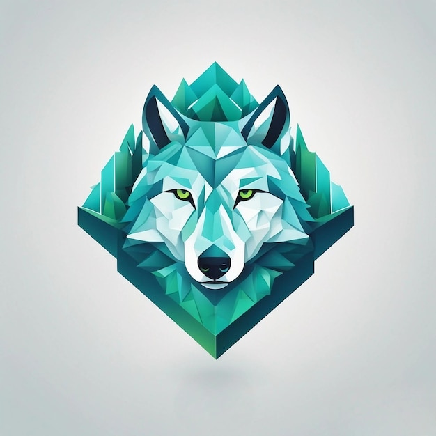 Low poly wolf head with mountains in the background