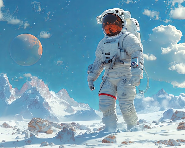 Низкая многоугольная сцена с участием астронавта в космической прогулке в окружении минималистских звезд и планет