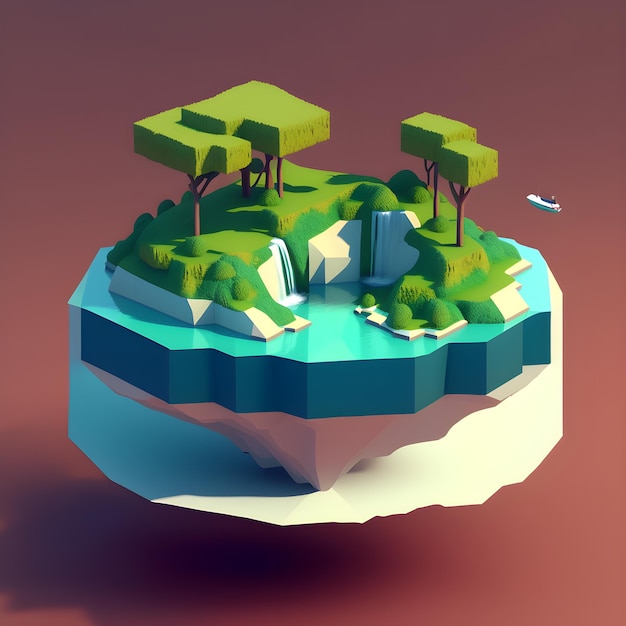 A low polygon of a small island with trees on it.