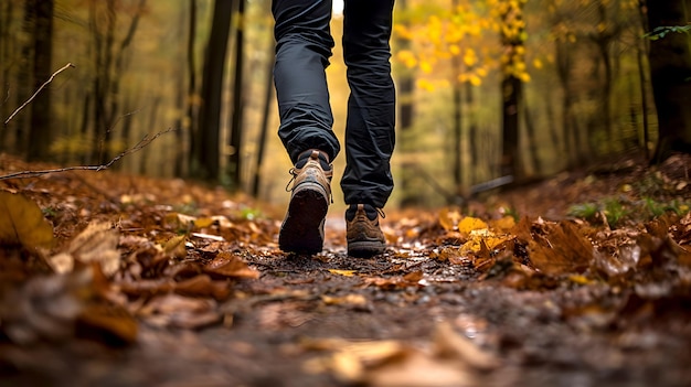 秋のハイキングブーツを履いたハイカーの足と脚の後方の低い接写