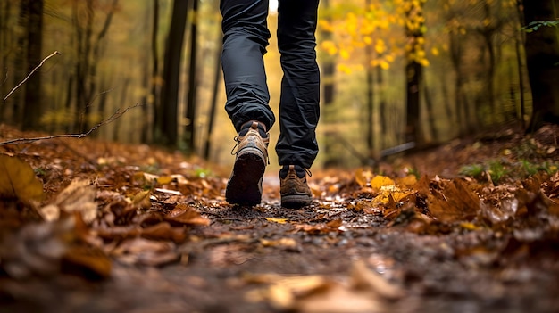 Low rear closeup of hiker's feet and legs in hiking boots in autumn