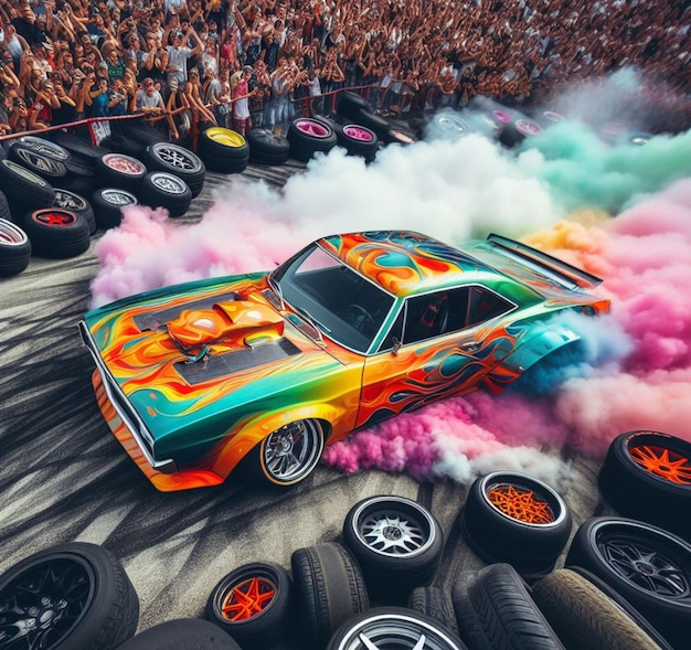 Foto auto low rider drift bruciare gomma in rally corsa parata in angolo affollato hip hop festa della cultura messicana