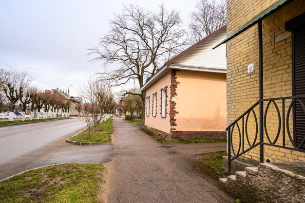 Low-rise houses in the old style. cloudy autumn day in a provincial town