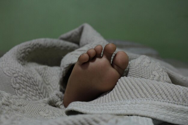 Low section of baby feet on bed